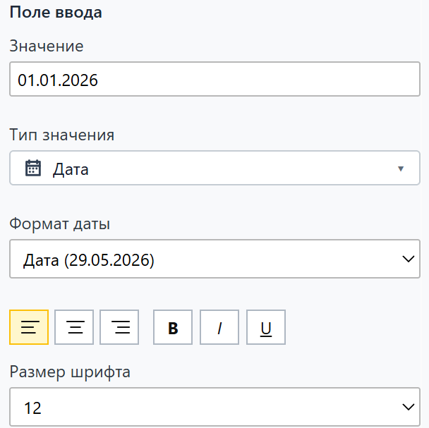 Параметры поля ввода, даты, формата и размера шрифта